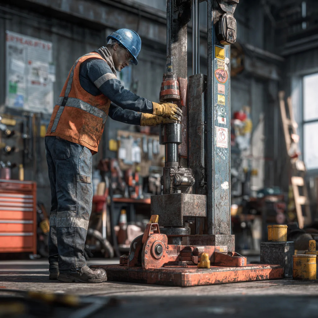کار با جک هیدرولیکی ستونی در محیط کارگاه صنعتی.