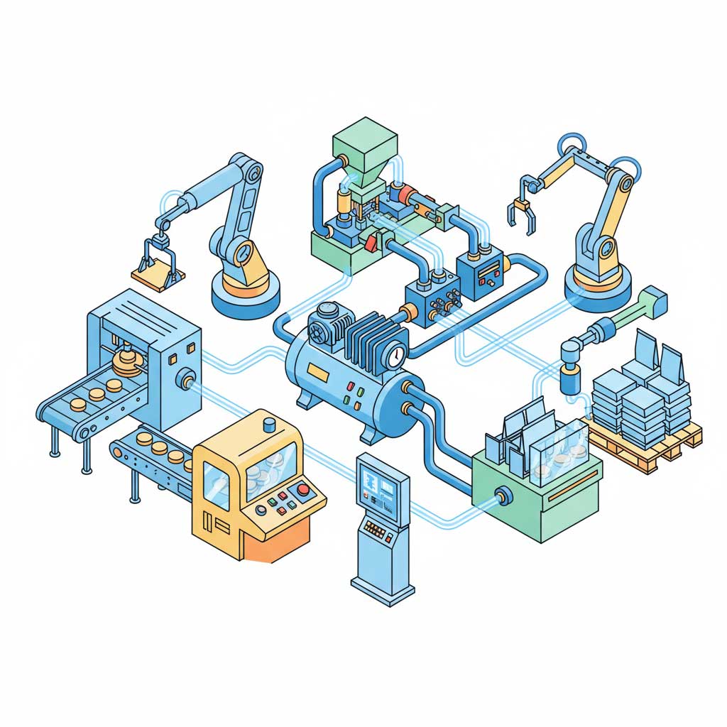 سیستم‌ های پنوماتیک برای انجام کارهای مختلف مانند جابه‌ جایی و بسته‌ بندی محصولات