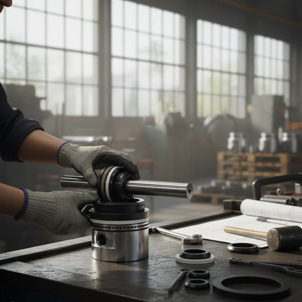 نصب مجموعه سیل پیستون توسط تکنسین؛ مرحله ای حیاتی در نگهداری جک.