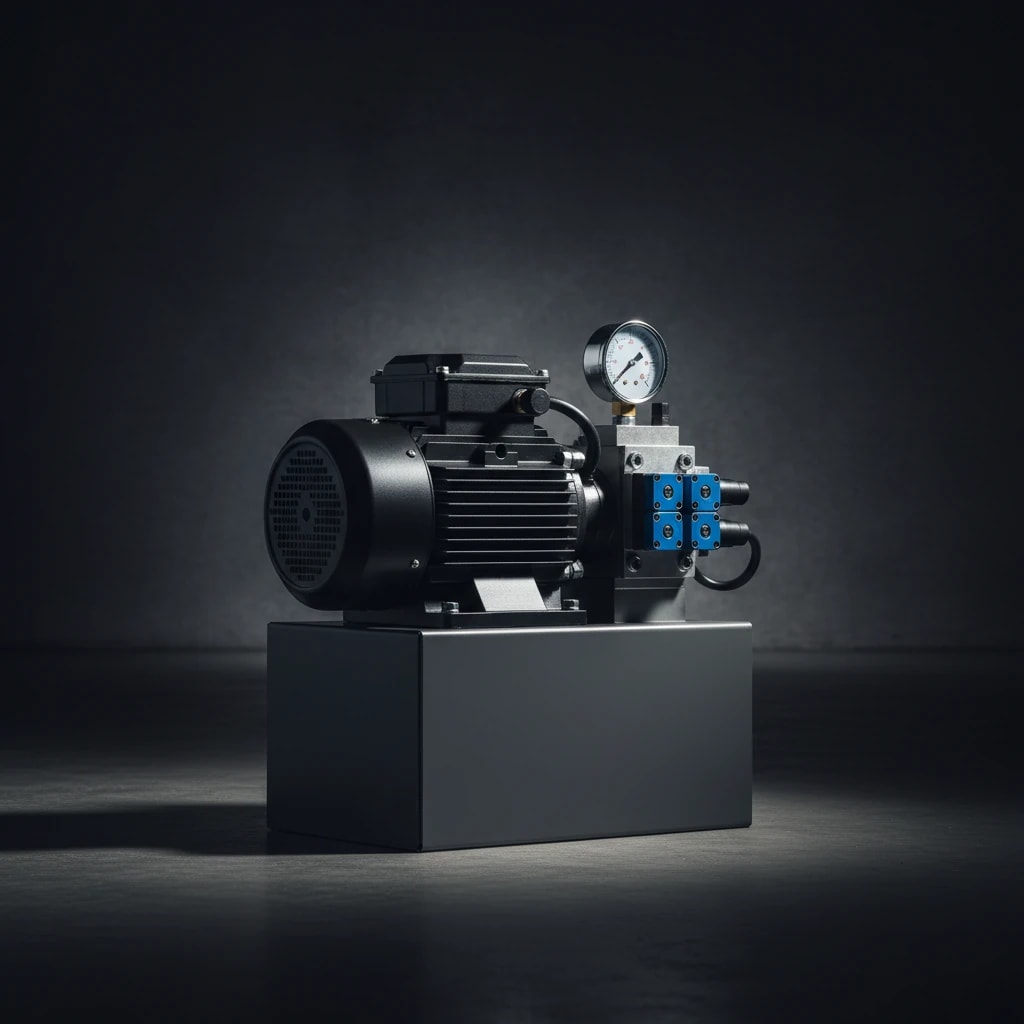 یونیت هیدرولیک کامل، مدرن و مشکی رنگ را با گیج فشار نمایش