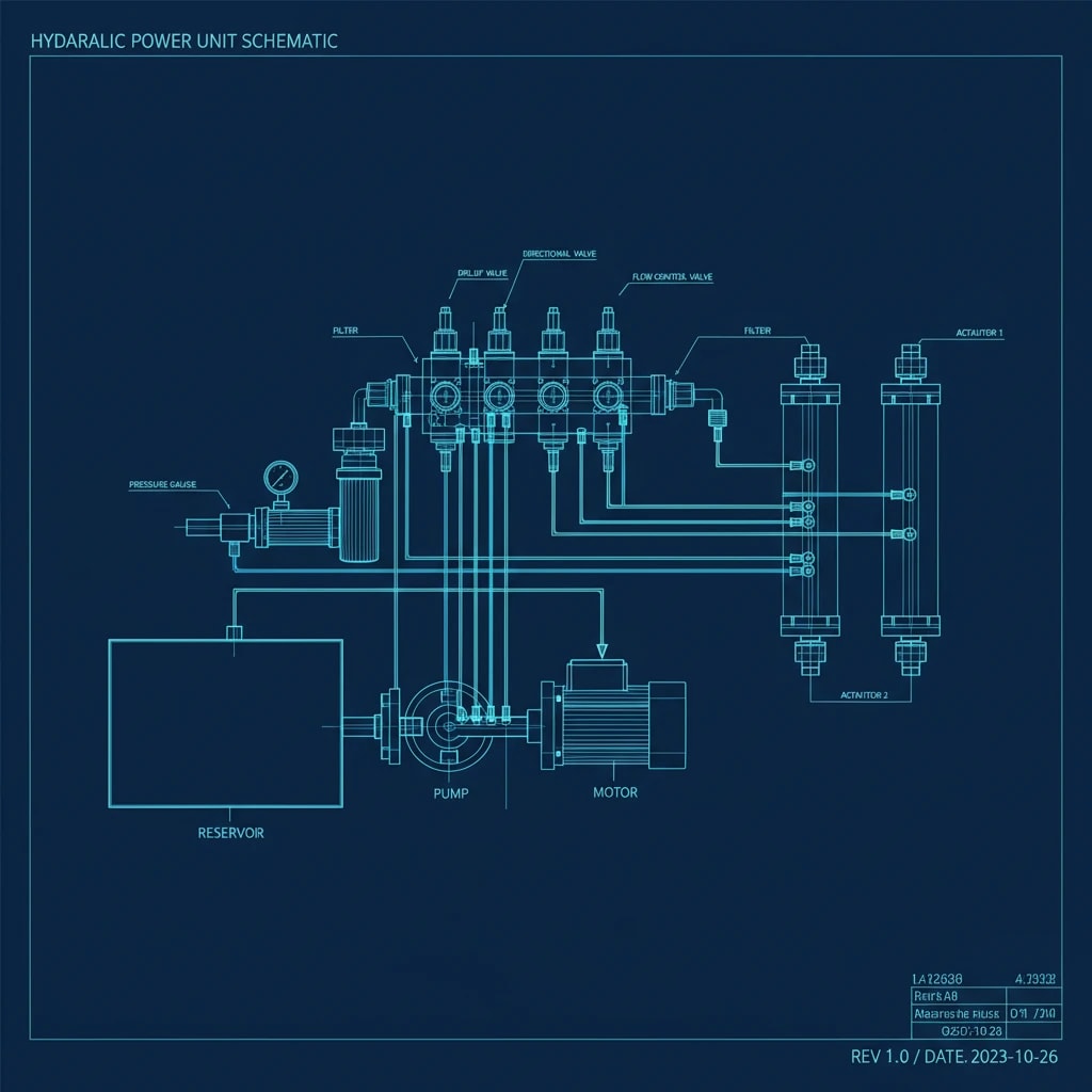 شماتیک نقشه فنی یک طراحی و ساخت یونیت هیدرولیک شامل تمام اجزا موتور، پمپ، مخزن، شیرها، عملگرها