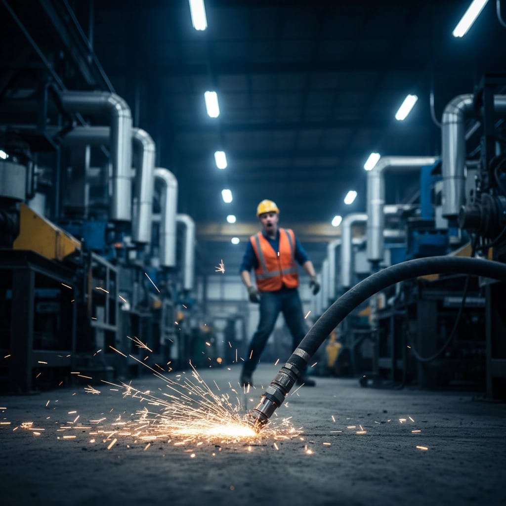 خطر شلاق شلنگ فشار بالا جدا شدن اتصالات خطرناک در سیستم‌ های پنوماتیک صنعتی