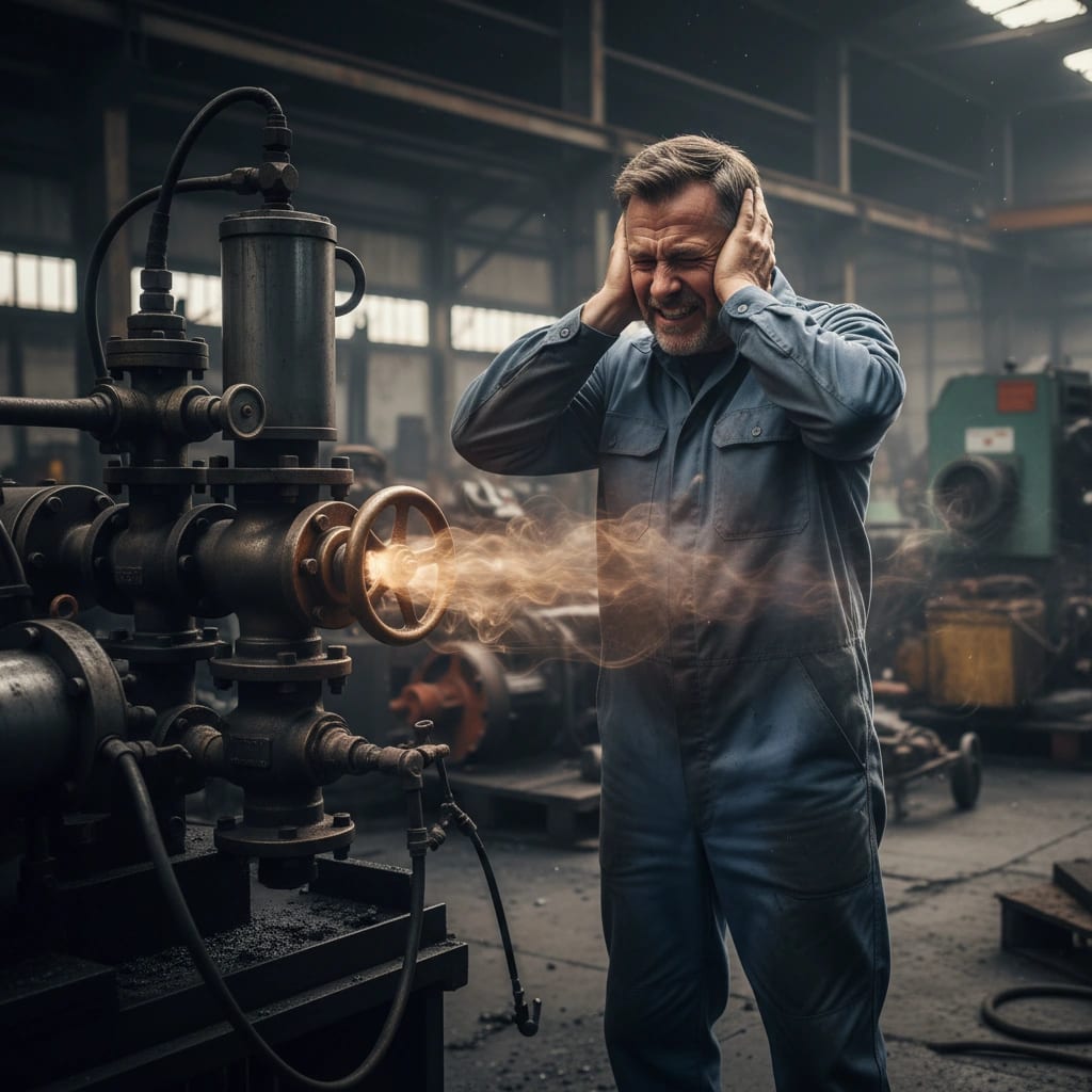 آلودگی صوتی و بهداشت کار : کارگر در حال محافظت از گوش در نزدیکی نشت هوا