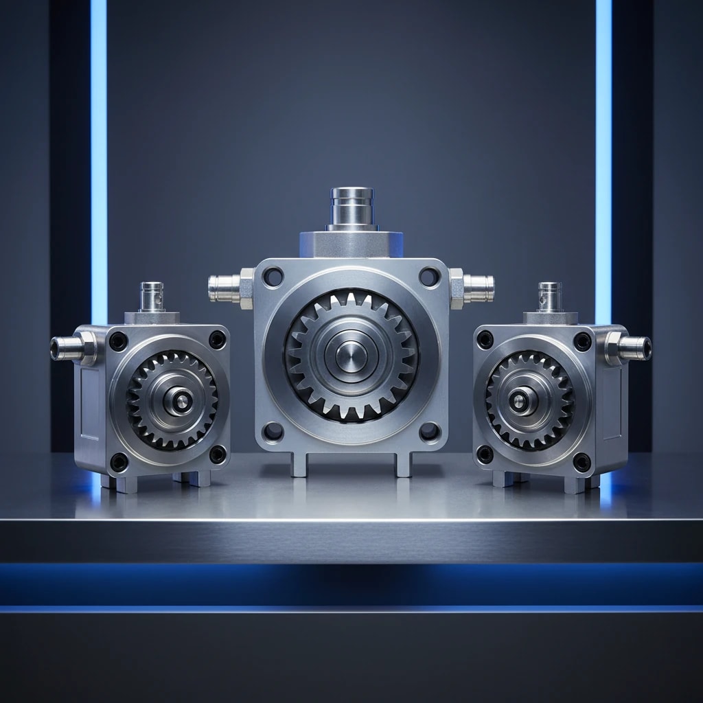سه عدد پمپ هیدرولیک با فلنج مربع و نمای دنده بزرگ (اندازههای مختلف).