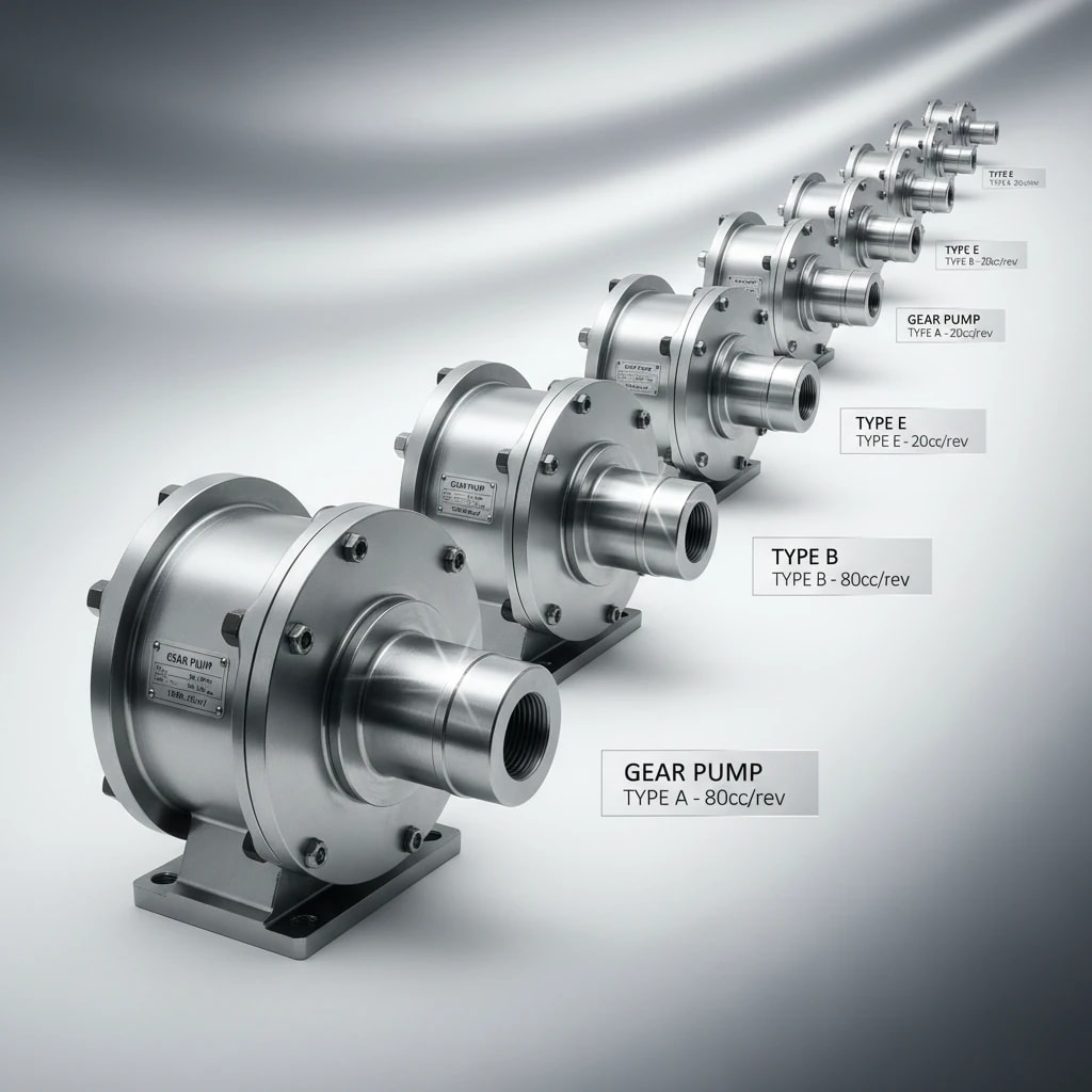 ردیفی از پمپ های دنده ای کامل با پایه های نصب و فلنج های جلو