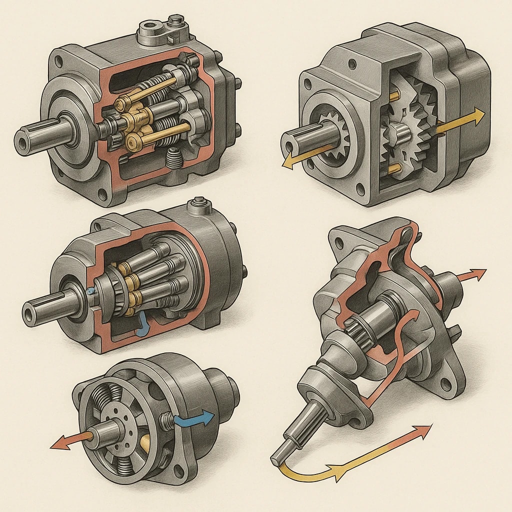 شماتیک انواع پمپ‌ ها (دنده‌ای، پیستونی شعاعی و محوری) برای راهنمایی در انتخاب پمپ هیدرولیکی مناسب.