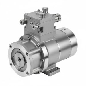 یک پمپ صنعتی نقره‌ای، پمپ پیستونی، با اتصالات و کنترل‌های مختلف در بالا.