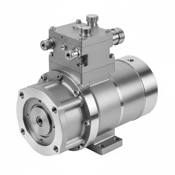 یک پمپ صنعتی نقره‌ای، پمپ پیستونی، با اتصالات و کنترل‌های مختلف در بالا.