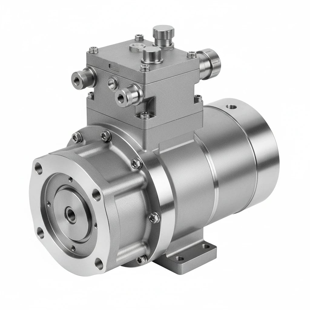 یک پمپ صنعتی نقره‌ای، پمپ پیستونی، با اتصالات و کنترل‌های مختلف در بالا.