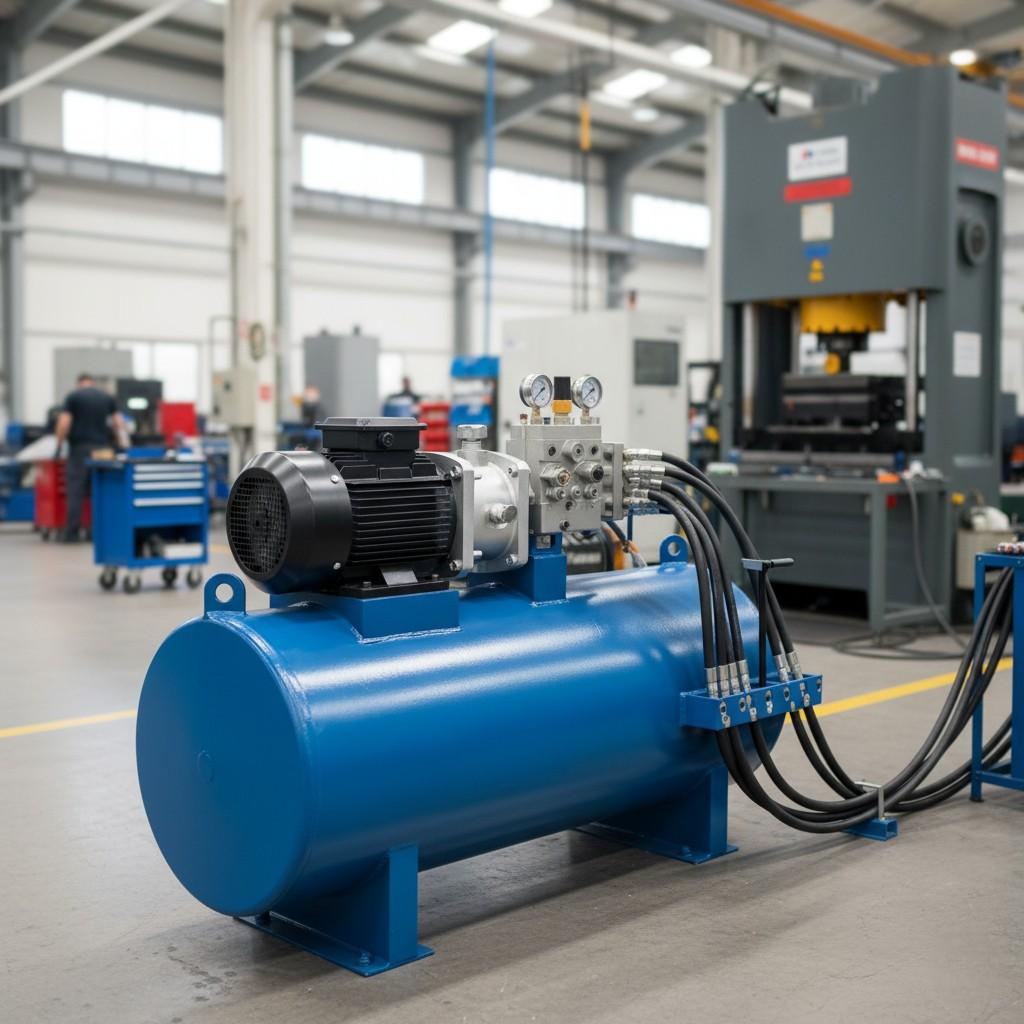 واحد پمپ هیدرولیکی بزرگ و آبی رنگ در کف کارگاه تولیدی، آماده برای اتصال به یک سیستم هیدرولیکی سفارشی