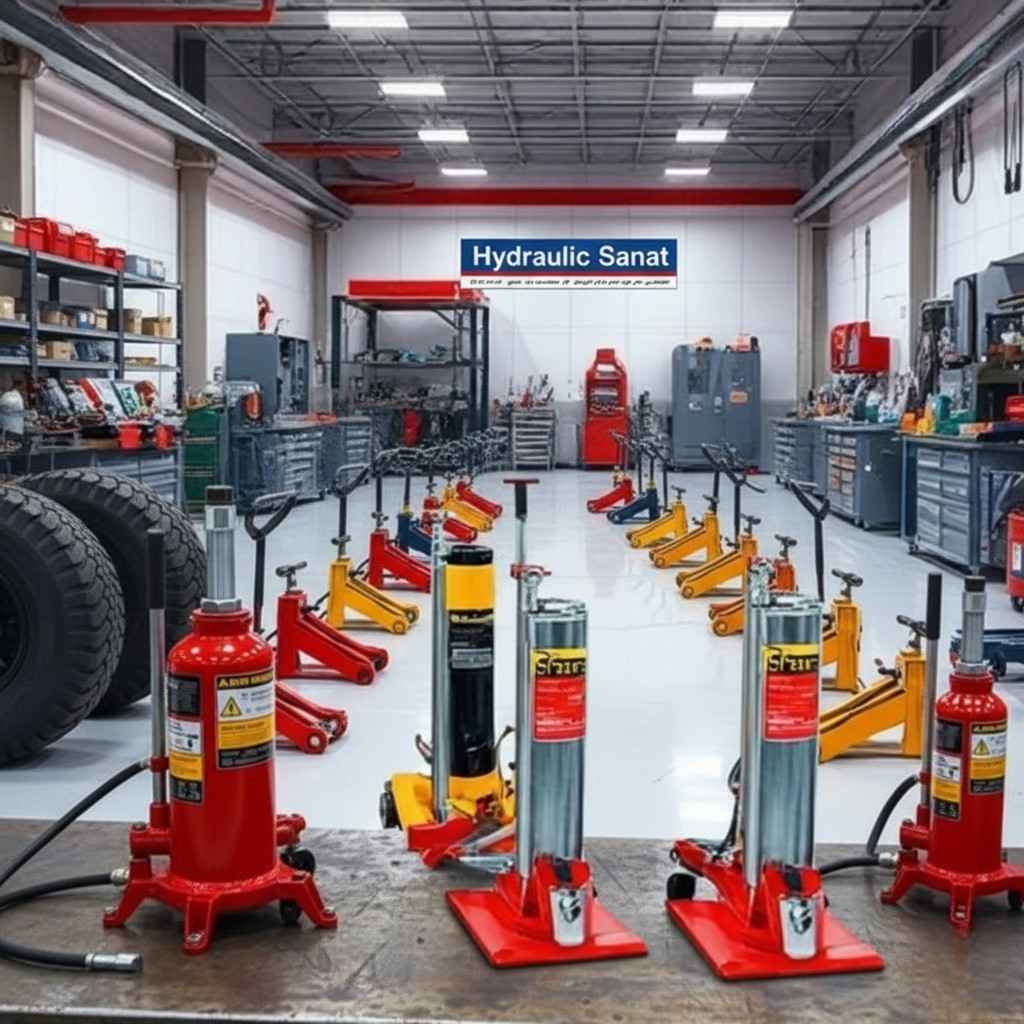 نمای نزدیک جک های هیدرولیکی مختلف در یک کارگاه تولیدی سیستمهای هیدرولیکی سفارشی