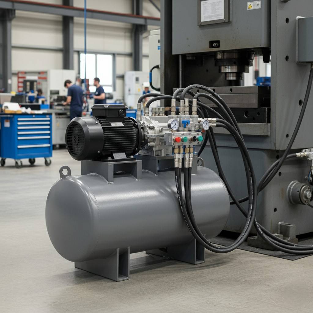 نمای نزدیک یک پمپ و مخزن هیدرولیک صنعتی بزرگ و خاکستری رنگ در کف یک سالن