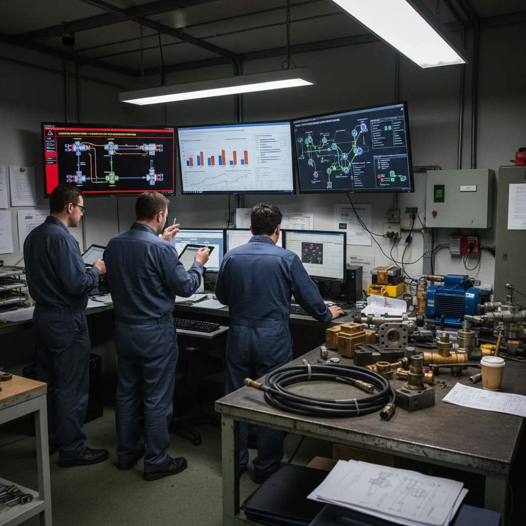تیم مهندسی در اتاق کنترل در حال تحلیل داده‌ های سنسور ها و نقشه‌ های فنی