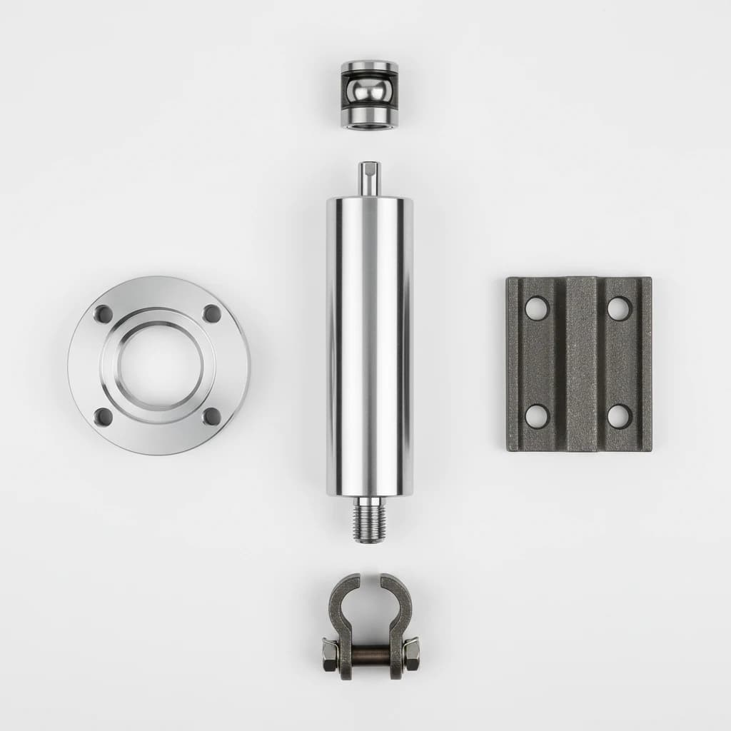 نمای بازشده قطعات نصب سیلندر شامل فلنج، اتصال چشمی و بلبرینگ شفت.