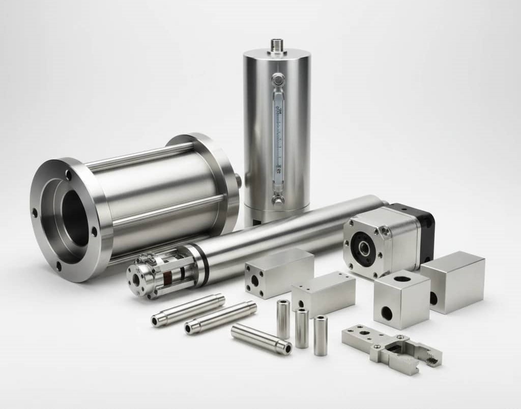 مجموعه مجموعه پنوماتیک استاندارد به همراه عملگر ها و قطعات ماشین ‌کاری