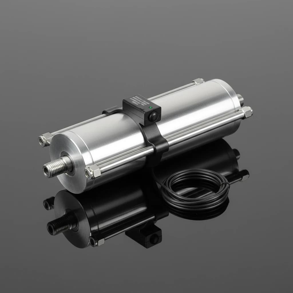 سنسور جک پنوماتیک نصب شده با براکت روی سیلندر پنوماتیک به صورت محصول مجزا.