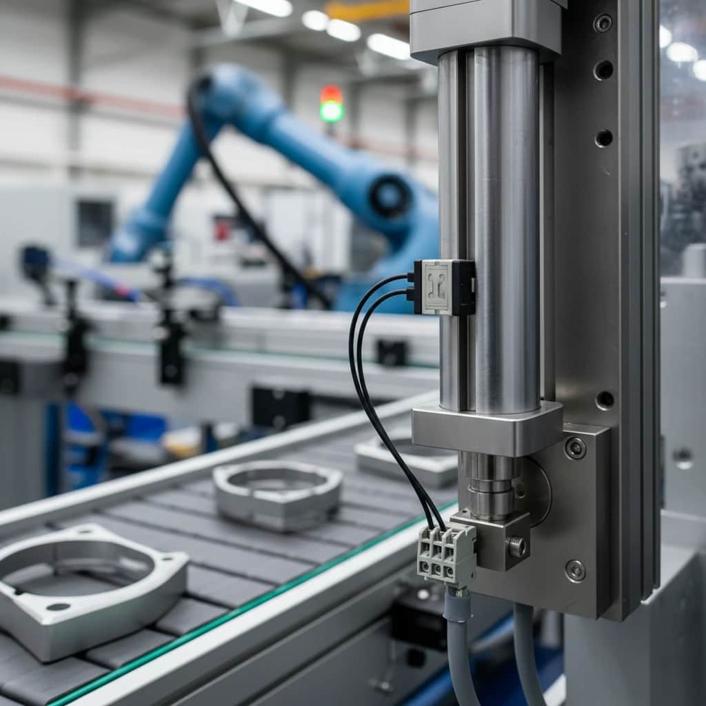 سنسور جک پنوماتیک نصب شده بر روی سیلندر در خطوط تولید رباتیک کارخانه.