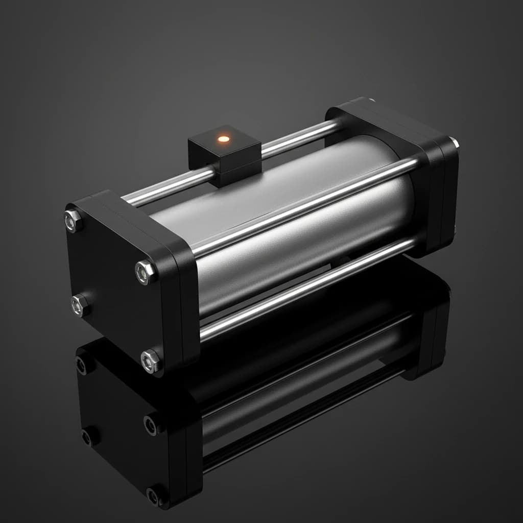 یک سیلندر هوای پنوماتیک سیاه و نقره‌ ای با سنسور روشن روی بدنه