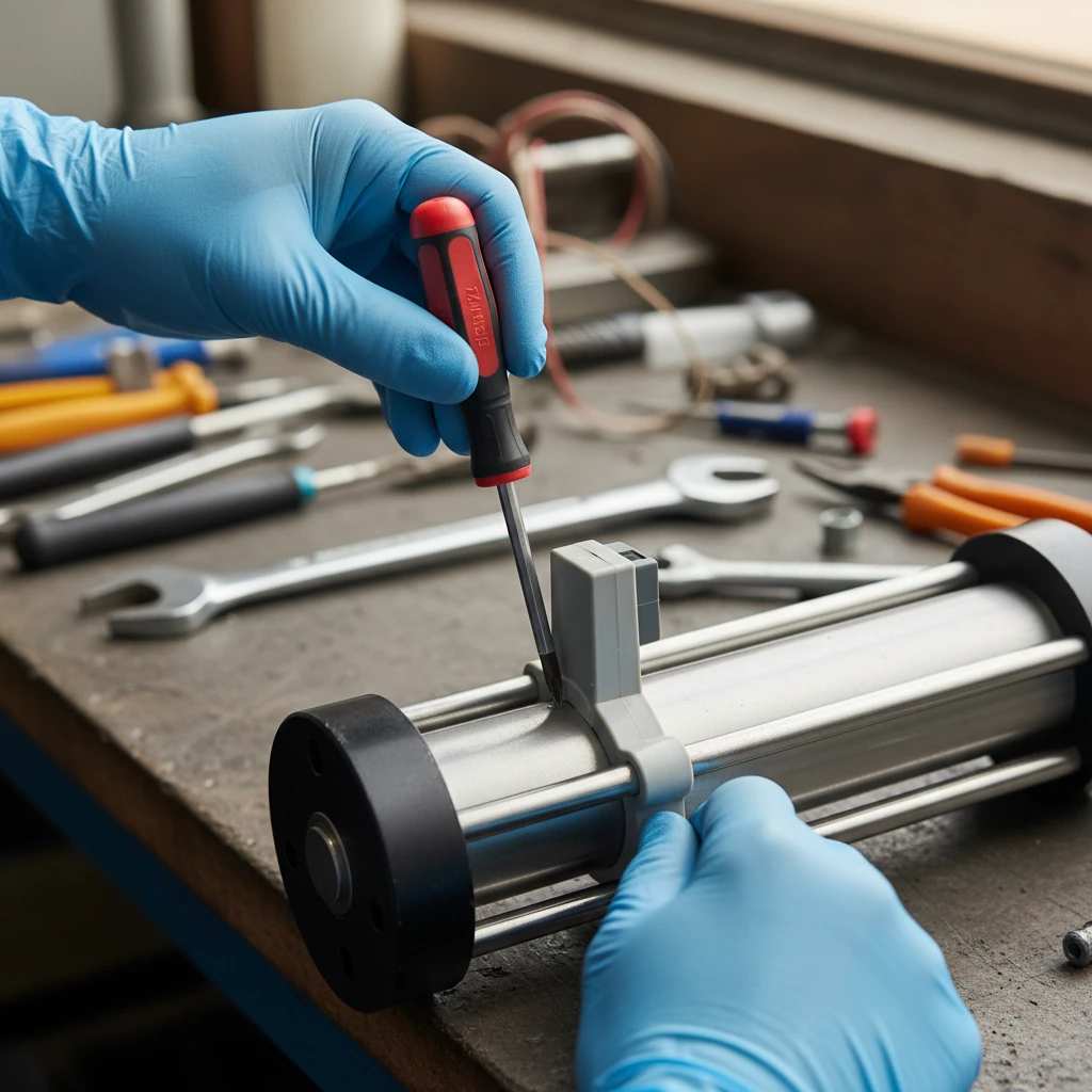 یک تکنسین در حال نصب یک سنسور کوچک روی بدنه یک سیلندر پنوماتیک.