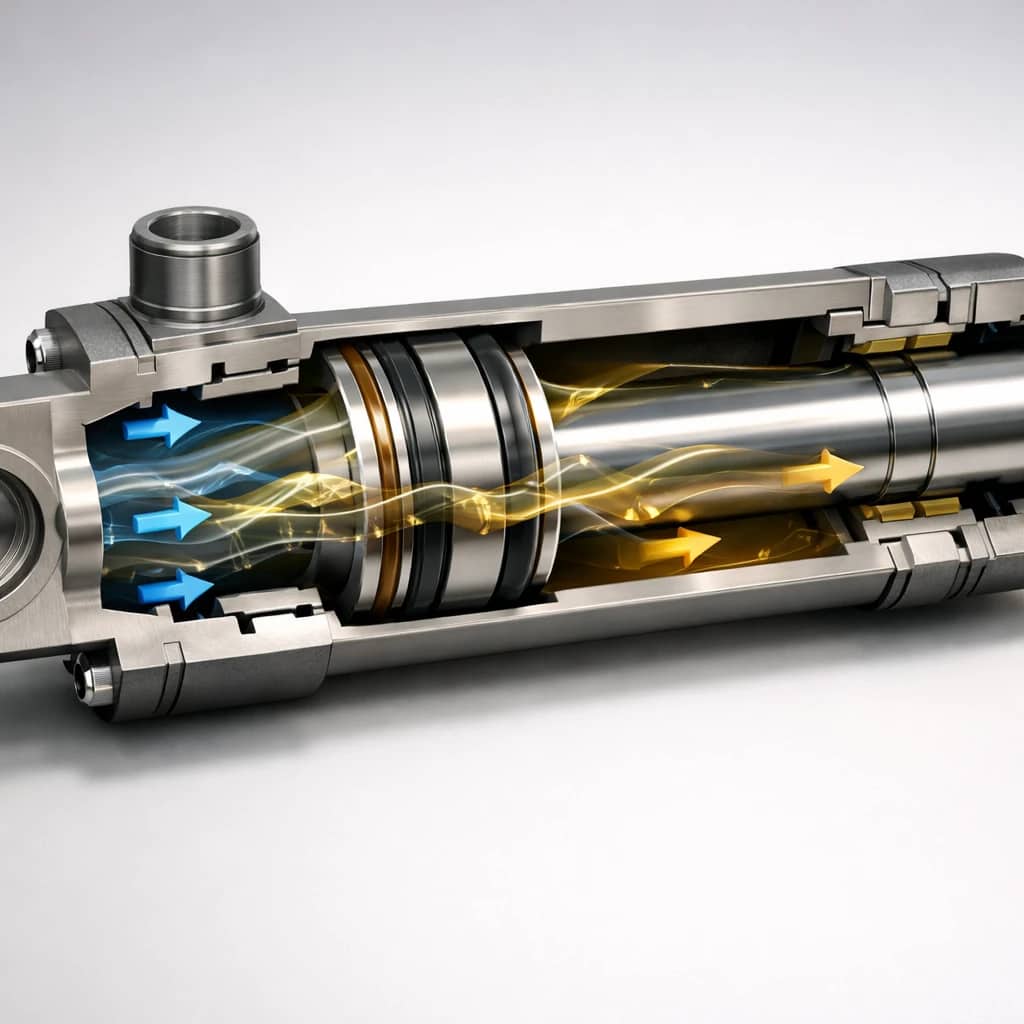 نمای داخلی جک هیدرولیک و مسیر حرکت روغن در محیط صنعتی